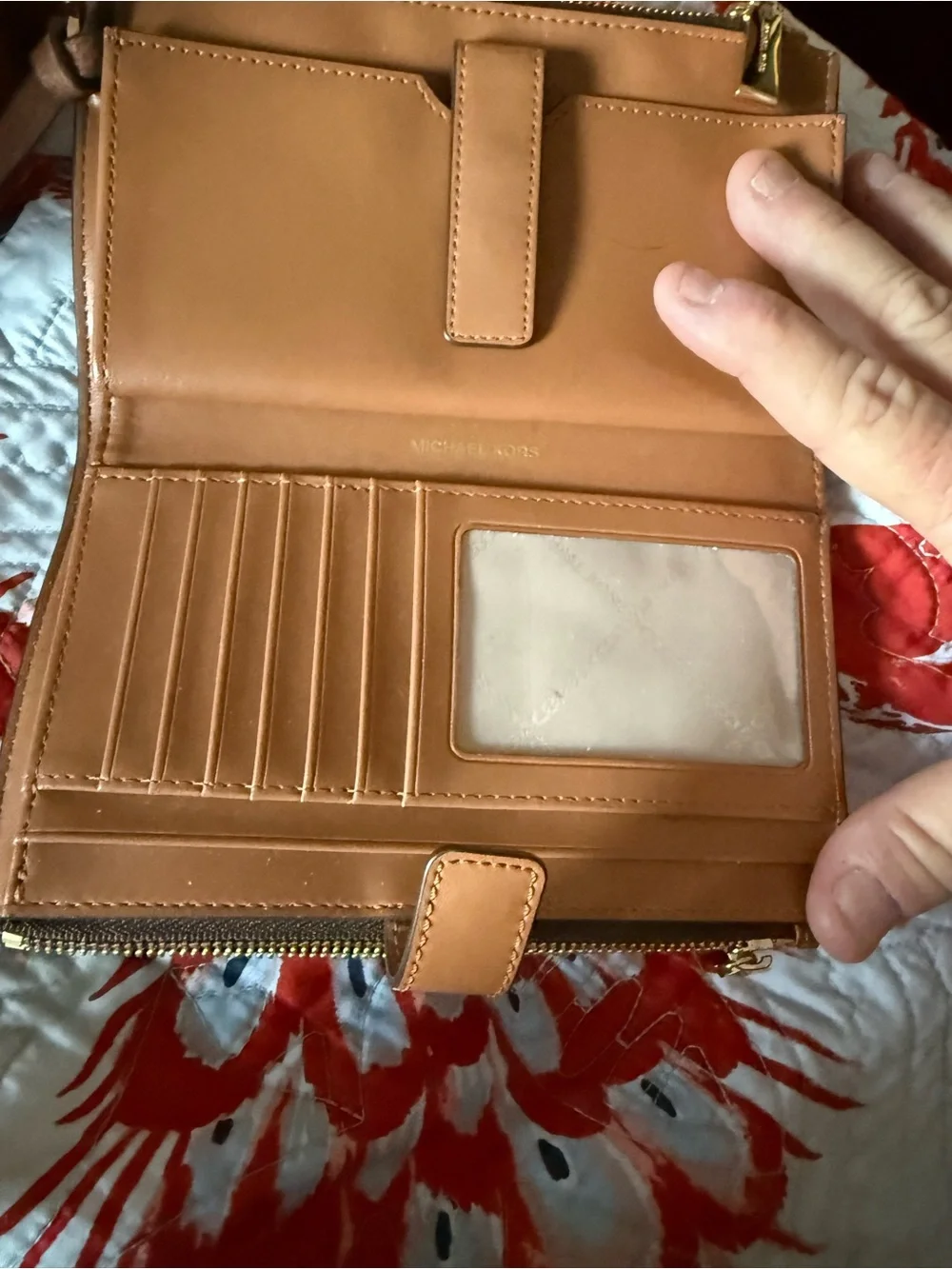 Michael Kors Brown Signature Backpack with Blue-Striped Wallet